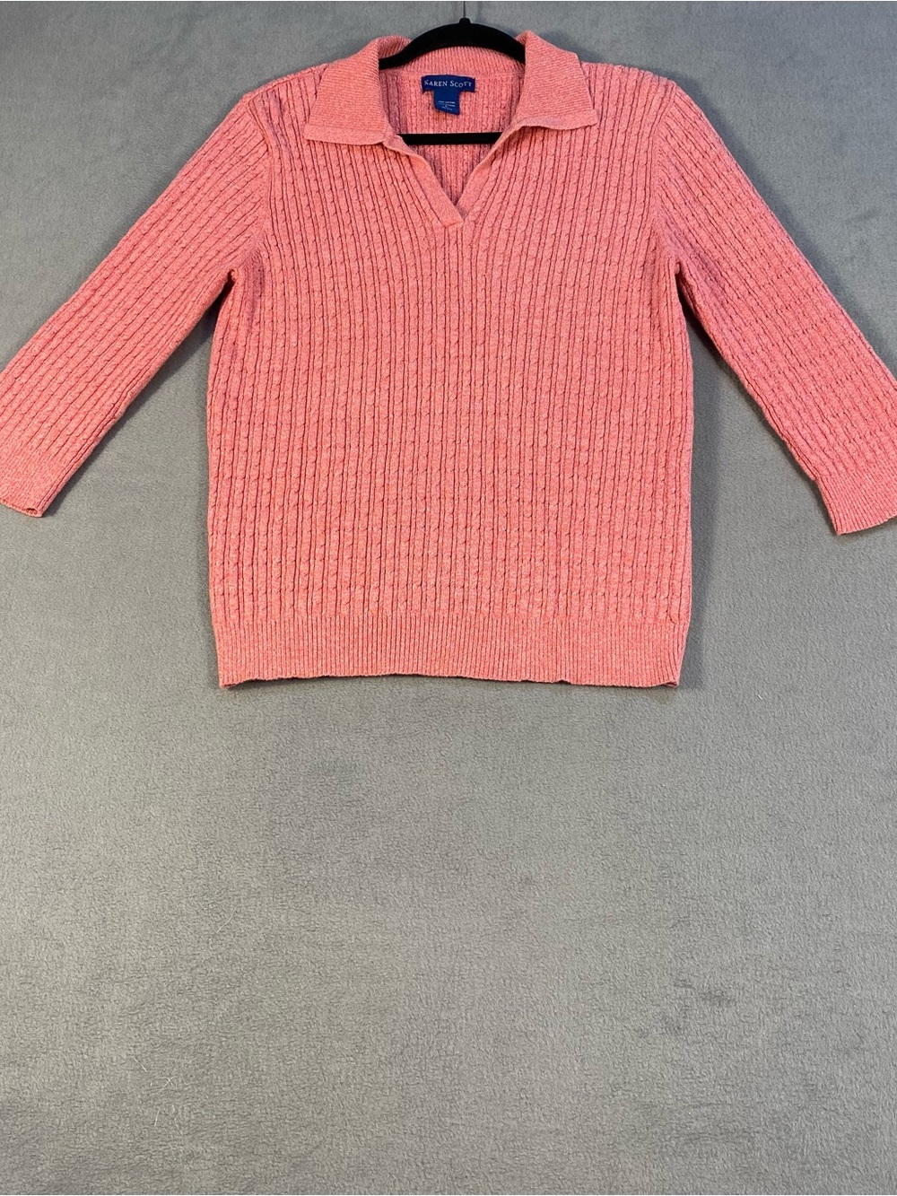 Karen Scott women’s pink Cable-Knit Polo Pullover Sweater, 3/4 sleeves, size L